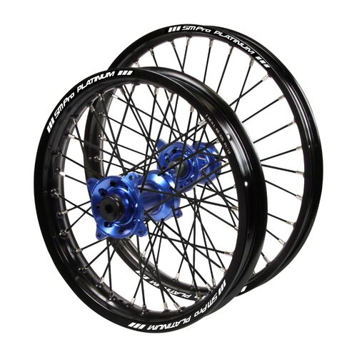 Kawasaki Haan Blue Hubs / SM Pro Platinum Junior Black Rims / Black Spokes Wheel Set KX 100 1989-2001 (19*1.40 / 16*1.85 OE)