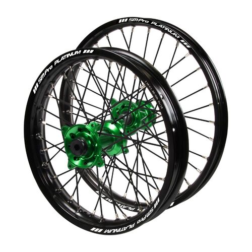 Kawasaki Haan Green Hubs / SM Pro Platinum Junior Black Rims / Black Spokes Wheel Set KX 100 Monster Energy (Big Wheel) 2009 (17*1.40 / 14*1.60)