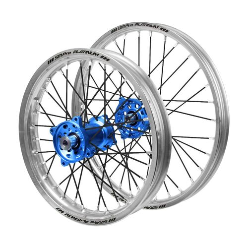 Kawasaki Haan Blue Hubs / SM Pro Platinum Junior Silver Rims / Black Spokes Wheel Set KX 100 Monster Energy (Big Wheel) 2009 (17*1.40 / 14*1.60)