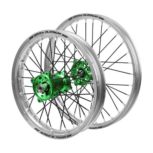 Kawasaki Haan Green Hubs / SM Pro Platinum Junior Silver Rims / Black Spokes Wheel Set KX 85 (Big Wheel) 2000-2024 (19*1.40 / 16*1.85 OE)