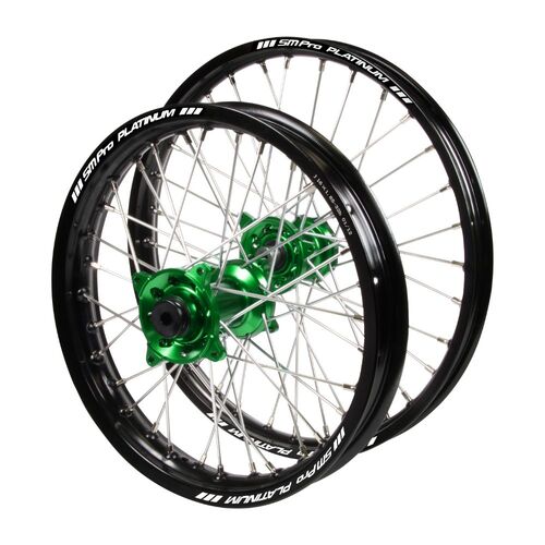 Kawasaki Haan Green Hubs / SM Pro Platinum Junior Black Rims Wheel Set KX65 Monster Energy 2009 (14*1.60 / 12*1.60 OE)