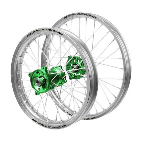 Kawasaki Haan Green Hubs / SM Pro Platinum Junior Silver Rims Wheel Set KX 85 (Small Wheel) 2001-2024 (17*1.40 / 14*1.60 OE)