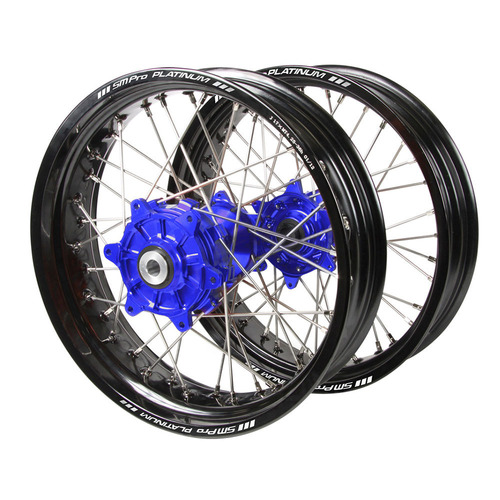 Kawasaki Haan Cush Drive Blue Hubs / SM Pro Platinum Black Rims Supermotard Wheel Set