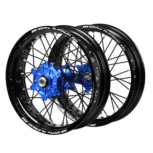 Kawasaki Haan Cush Drive Blue Hubs / SM Pro Platinum Black Rims Supermotard / Black Spokes Wheel Set KX 450 SR 2022-2024 (17*3.5 / 17*4.25)