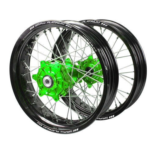 Kawasaki Haan Cush Drive Green Hubs / SM Pro Platinum Black Rims Supermotard Wheel Set KX 450 X 2021-2024 (17*3.5 / 17*4.25)