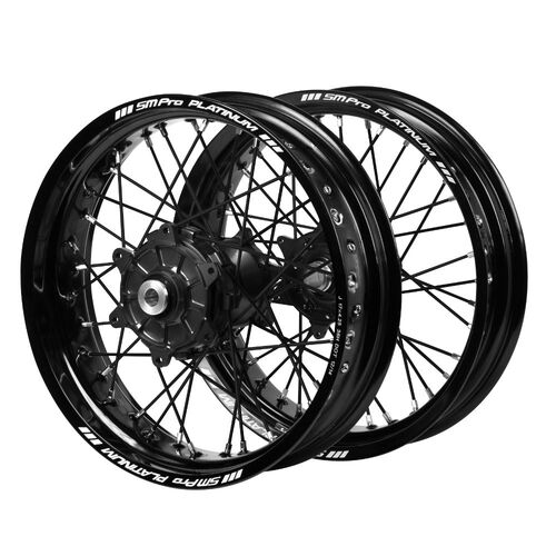 Kawasaki Haan Cush Drive Black Hubs / SM Pro Platinum Black Rims Supermotard / Black Spokes Wheel Set