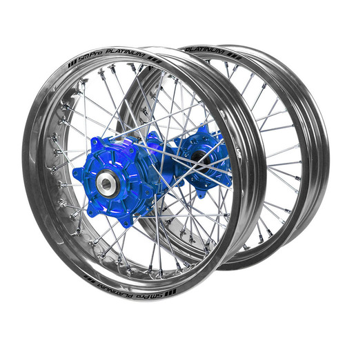 Kawasaki Haan Cush Drive Blue Hubs / SM Pro Platinum Silver Rims Supermotard Wheel Set