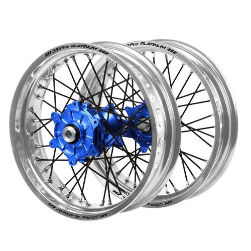 Kawasaki Haan Cush Drive Blue Hubs / SM Pro Platinum Silver Rims Supermotard / Black Spokes Wheel Set