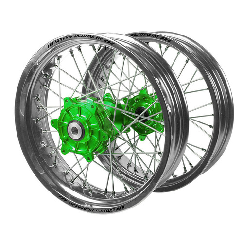 Kawasaki Haan Cush Drive Green Hubs / SM Pro Platinum Silver Rims Supermotard Wheel Set