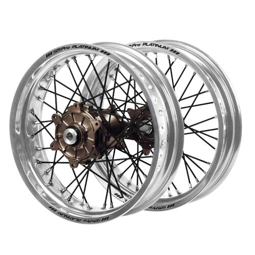 Kawasaki Haan Cush Drive Magnesium Hubs / SM Pro Platinum Silver Rims Supermotard / Black Spokes Wheel Set