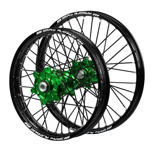 Kawasaki Haan Cush Drive Green Hubs / SM Pro Platinum Black Rims / Black Spokes Wheel Set KX 250 XC 2021 (21*1.6 / 19*2.15)