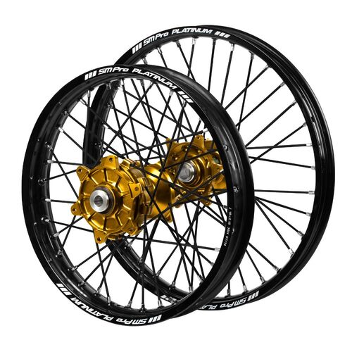 Kawasaki Haan Cush Drive Gold Hubs / SM Pro Platinum Black Rims / Black Spokes Wheel Set KX 250 F 2021-2024 (21*1.6 / 19*1.85 OE)