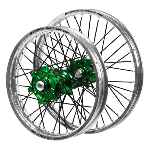 Kawasaki Haan Cush Drive Green Hubs/SM Pro Platinum Silver Rims/Black Spokes Wheel Set KLX 450 R 2007-2024 (21*1.6/18*2.15 OE Cannot use OEM Speedo)