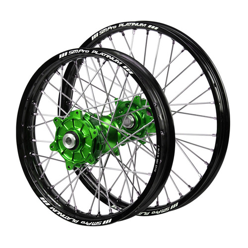 Kawasaki Haan Cush Drive Green Hubs / SM Pro Platinum Black Rims Wheel Set KX 250 X 2022-2024 (21*1.6 / 19*2.15)