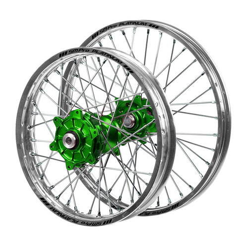 Kawasaki Haan Cush Drive Green Hubs / SM Pro Platinum Silver Rims Wheel Set KX 250 F 2021-2024 (21*1.6 / 18*2.15)