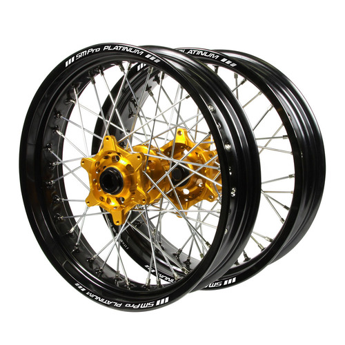 Kawasaki Haan Gold Hubs / SM Pro Platinum Black Rims Supermotard Wheel Set