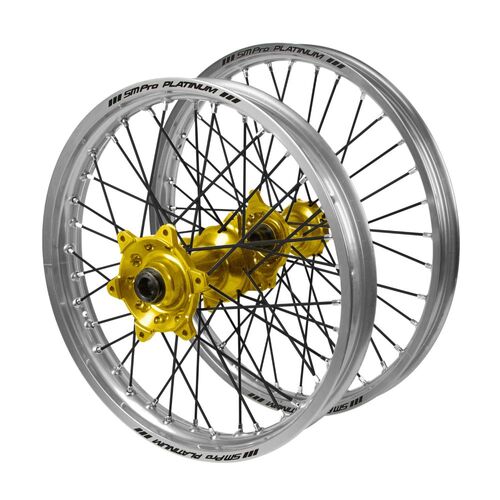 KTM Haan Gold Hubs / SM Pro Platinum Silver Rims / Black Spokes Wheel Set 525 EXC-F 2003-2007 (21*1.6 / 18*2.15 OE)