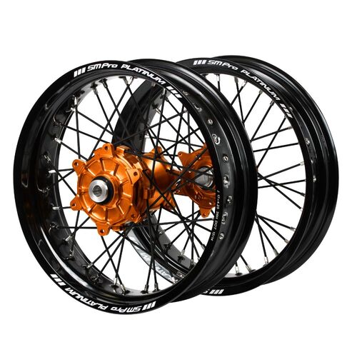KTM Haan Cush Drive Orange Hubs / SM Pro Platinum Black Rims Supermotard / Black Spokes Wheel Set