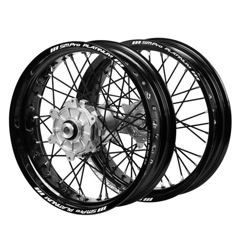 KTM Haan Cush Drive Silver Hubs / SM Pro Platinum Black Rims Supermotard / Black Spokes Wheel Set