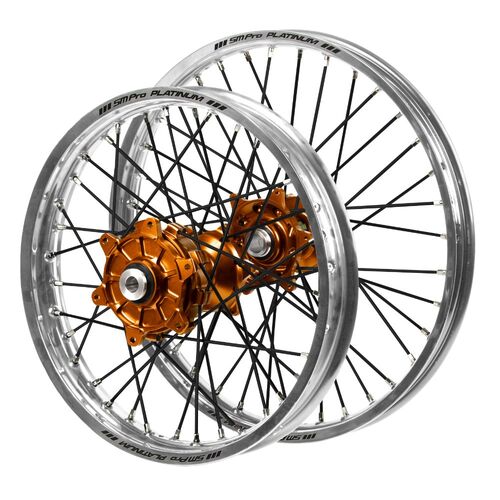 Husaberg Haan Cush Drive Orange Hubs / SM Pro Platinum Silver Rims / Black Spokes Wheel Set FSC 650 2003-2012 (21*1.6 / 18*2.15)