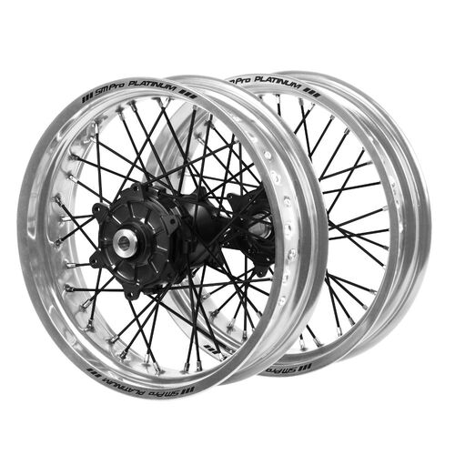 KTM Haan Cush Drive Black Hubs / SM Pro Platinum Silver Rims Supermotard / Black Spokes Wheel Set