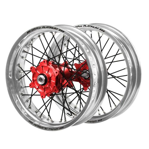 KTM Haan Cush Drive Red Hubs / SM Pro Platinum Silver Rims Supermotard / Black Spokes Wheel Set