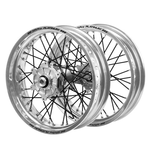 KTM Haan Cush Drive Silver Hubs / SM Pro Platinum Silver Rims Supermotard / Black Spokes Wheel Set