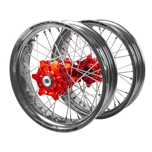 Gas Gas Haan Cush Drive Red Hubs / SM Pro Platinum Silver Rims Supermotard Wheel Set EX 450 F 2021-2023 (17*3.5 / 17*4.25)