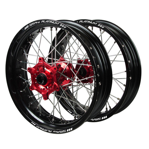 Suzuki Haan Red Hubs / SM Pro Platinum Black Rims Supermotard Wheel Set