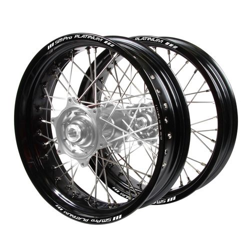 Suzuki Haan Silver Hubs / SM Pro Platinum Black Rims Supermotard Wheel Set