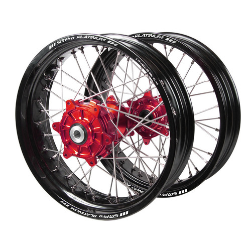 Yamaha Haan Cush Drive Red Hubs / SM Pro Platinum Black Rims Supermotard Wheel Set