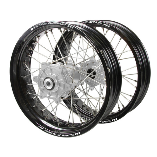Yamaha Haan Cush Drive Silver Hubs / SM Pro Platinum Black Rims Supermotard Wheel Set