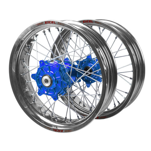 Husaberg Haan Cush Drive Blue Hubs / Excel Silver Rims Supermoto Wheel Set FE 450 2013-2014 (17*3.5 / 17*4.25)