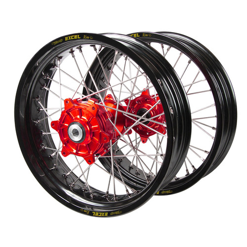 KTM Haan Cush Drive Red Hubs / Excel Black Rims Supermoto Wheel Set