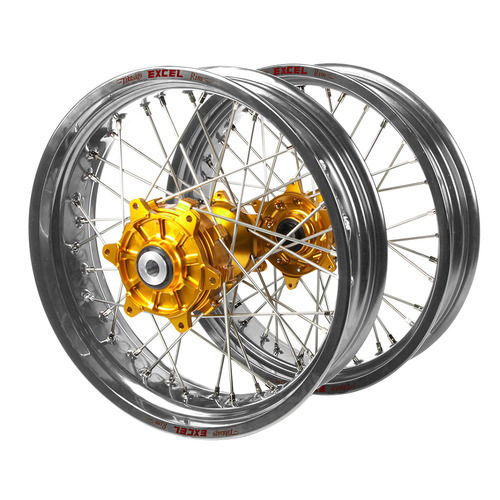 KTM Haan Cush Drive Gold Hubs / Excel Silver Rims Supermoto Wheel Set