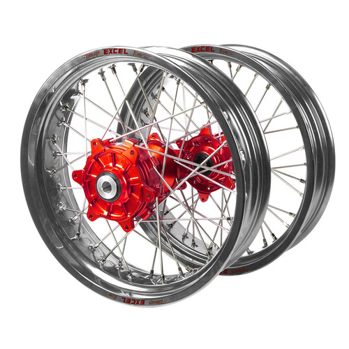 KTM Haan Cush Drive Red Hubs / Excel Silver Rims Supermoto Wheel Set