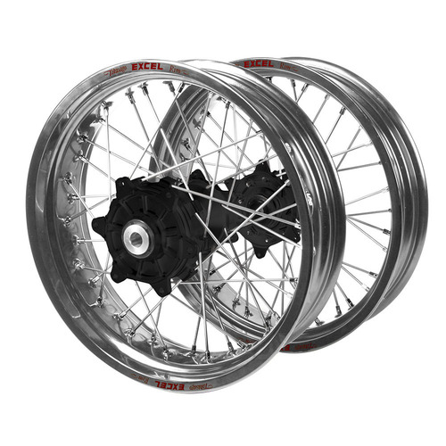 Kawasaki Haan Cush Drive Black Hubs / Excel Silver Rims Supermoto Wheel Set