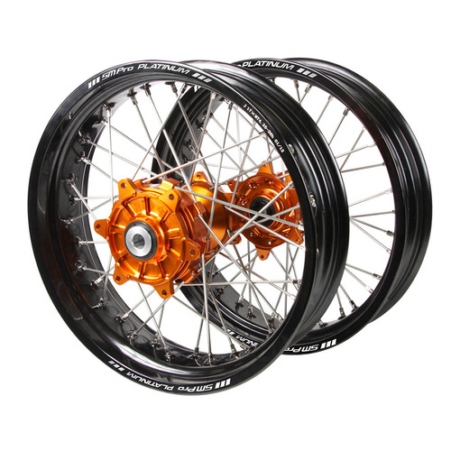 KTM Haan Cush Drive Orange Hubs / SM Pro Platinum Black Rims Supermotard Wheel Set