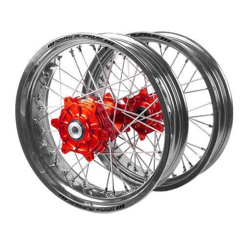KTM Haan Cush Drive Red Hubs / SM Pro Platinum Silver Rims Supermotard Wheel Set