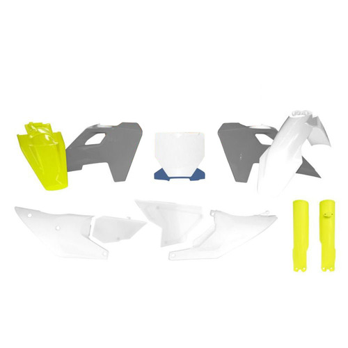 Rtech Husqvarna White/Grey/Yellow Plastic Kit TC 125 2024 (8 Piece Kit Includes Fork Protectors)