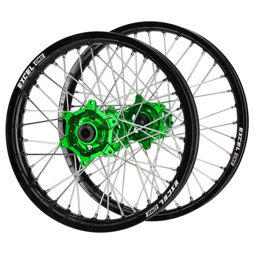 Kawasaki SM Pro Green Hubs / Excel ONE Black Rims Wheel Set KX 250 XC 2021 (21*1.6 / 18*2.15 OE)