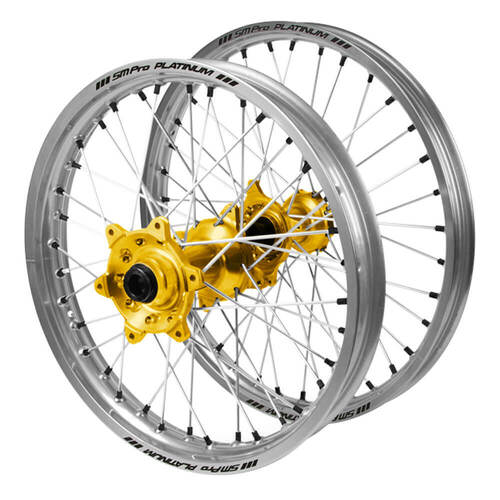 Suzuki SM Pro Gold Hubs / SM Pro Platinum Silver Rims / Black Nipples Wheel Set DR-Z 400 E 2000-2024 (21*1.6 / 18*2.15 OE)