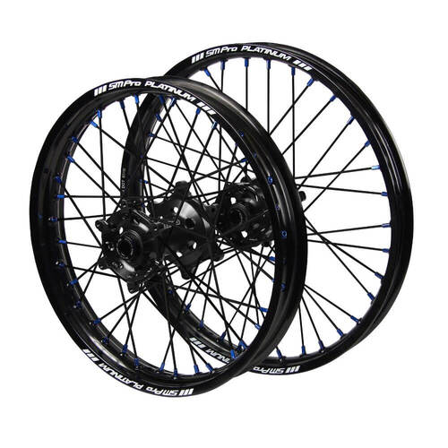 Honda SM Pro Black Hubs / SM Pro Platinum Black Rims / Blue Nipples / Black Spokes Wheel Set CRF 450 RX 2017-2024 (21*1.6 / 18*2.15 OE)