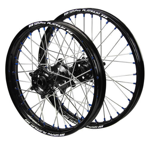 Honda SM Pro Black Hubs / SM Pro Platinum Black Rims / Blue Nipples Wheel Set CRF 250 R 2014-2024 (21*1.6 / 19*2.15 OE)