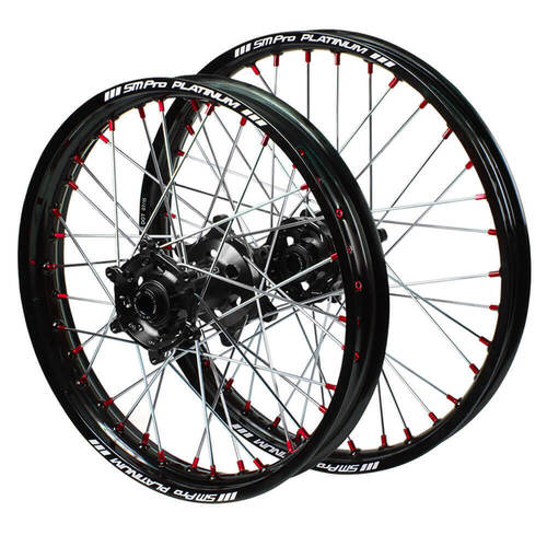 Honda SM Pro Black Hubs / SM Pro Platinum Black Rims / Red Nipples Wheel Set CRF 250 R 2014-2024 (21*1.6 / 18*2.15)