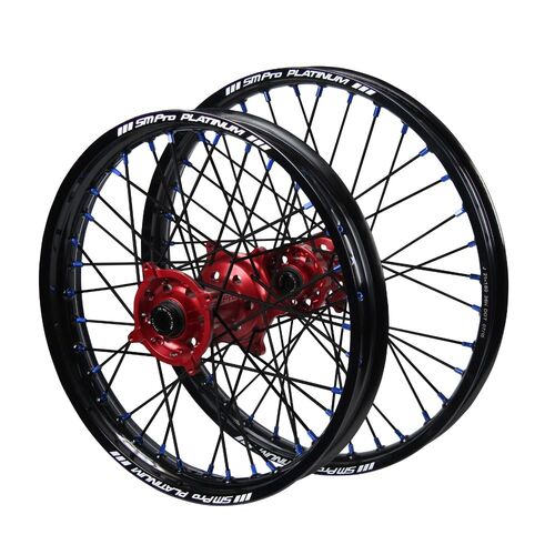 Honda SM Pro Red Hubs / SM Pro Platinum Black Rims / Blue Nipples / Black Spokes Wheel Set CR 125 R 2002-2007 (21*1.6 / 18*2.15)