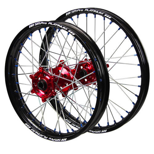 Honda SM Pro Red Hubs / SM Pro Platinum Black Rims / Blue Nipples Wheel Set CRF 450 R 2013-2024 (21*1.6 / 19*2.15 OE)