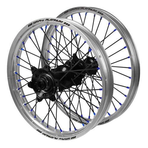 Honda SM Pro Black Hubs / SM Pro Platinum Silver Rims / Blue Nipples / Black Spokes Wheel Set CRF 250 R 2014-2024 (21*1.6 / 18*2.15)