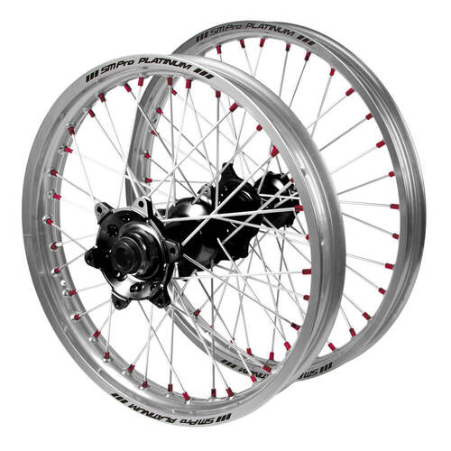 Honda SM Pro Black Hubs / SM Pro Platinum Silver Rims / Red Nipples Wheel Set CRF 250 R 2014-2024 (21*1.6 / 18*2.15)