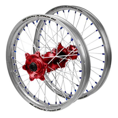 Honda SM Pro Red Hubs / SM Pro Platinum Silver Rims / Blue Nipples Wheel Set CR 125 R 2002-2007 (21*1.6 / 18*2.15)